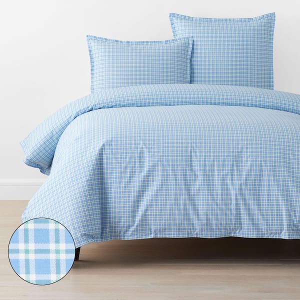 The Company Store Company Cotton Sunshine & Blooms Blue/Green Plaid King Cotton Percale Duvet Cover