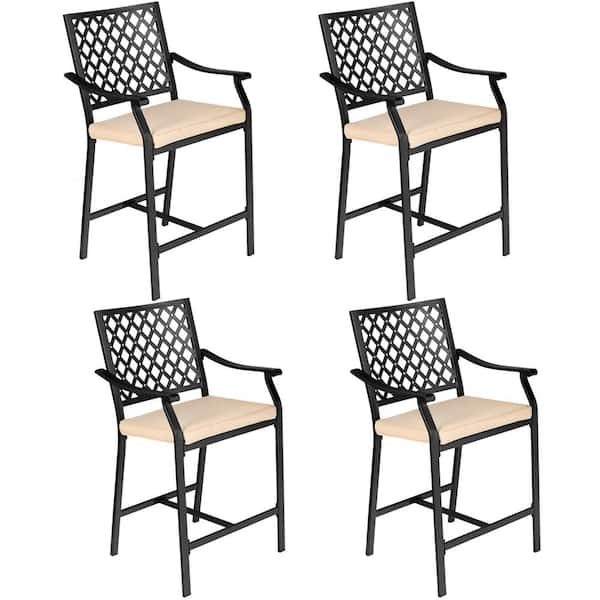 Metal Outdoor Bar Stool Counter Height Armrest Garden Deck with Beige Cushions