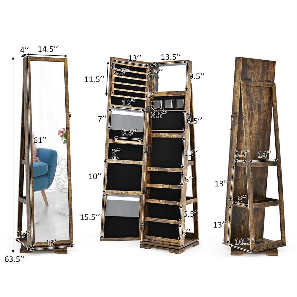 Coffee Rustic Rotatable Lockable Mirrored Jewelry Cabinet