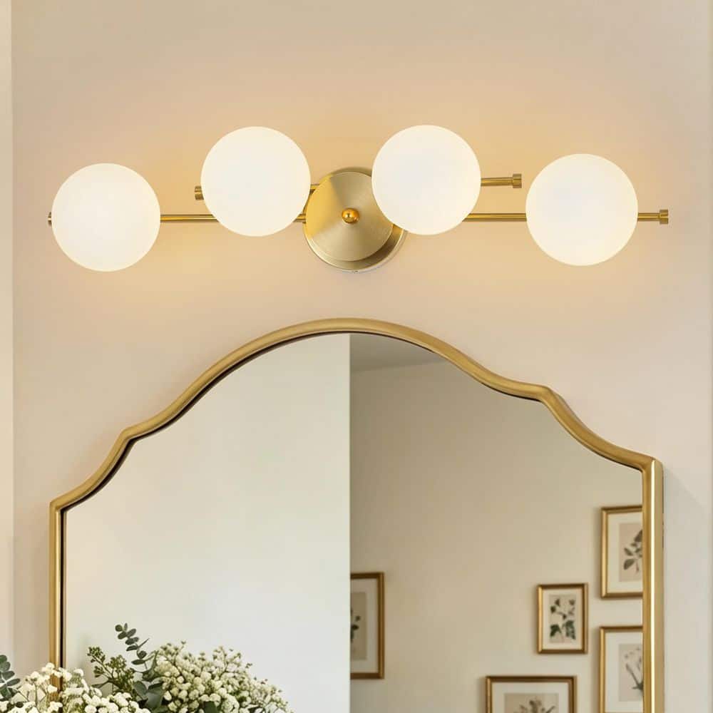 Ceder 4-Light 27.6 in. W Mid-Century Modern Brushed Brass Vanity Light with Opal Glass Globes for Bathroom and Mirror price history on PriceWatchPro