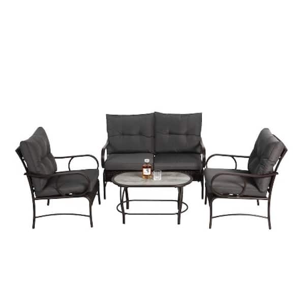 4 Piece Wicker Metal Outdoor Conversation Set with Gray Cushion