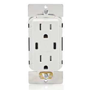 15 Amp 60-Watt Duplex Tamper-Resistant Outlets with 6 Amp USB Dual Type-C Power Delivery In-Wall Chargers, White
