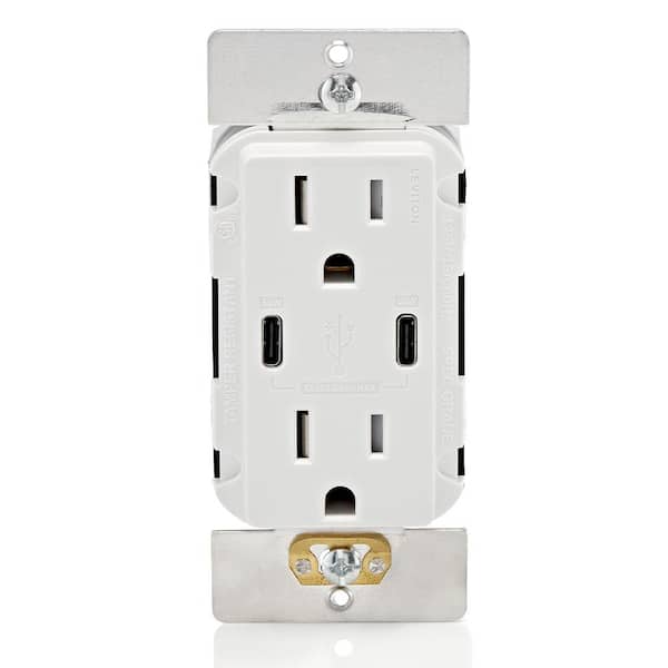 Leviton 15 Amp 60-Watt Duplex Tamper-Resistant Outlets with 6 Amp USB Dual Type-C Power Delivery In-Wall Chargers, White