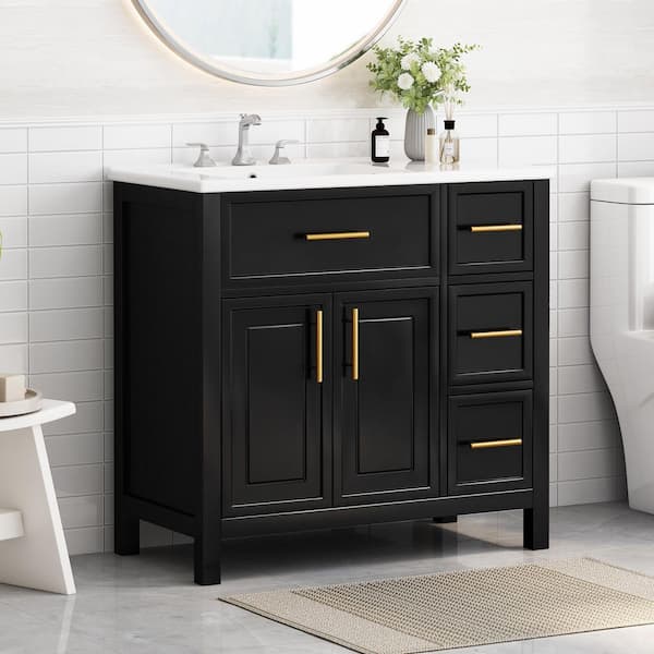 36 in. Freestanding Black Bath Vanity with White Ceramic Sink Top 2 Doors and 3 Drawers