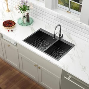 33 in. Drop-in/Topmount 60/40 Double Bowl 18-Gauge Stainless Steel Zero Radius Corner Kitchen Sink with Bottom Grids