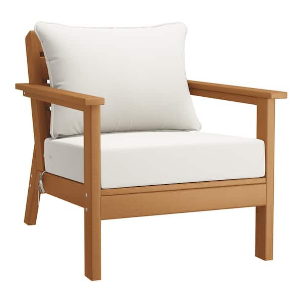 WESTIN OUTDOOR Birchwood Outdoor Patio Deep Seating HDPE Plastic Lounge Chair in Teak with White Cushions