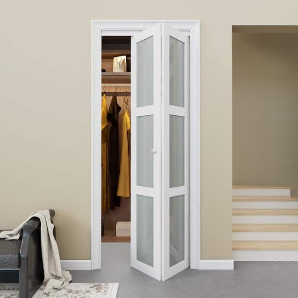 32 in. x 80 in. 3-Lite Tempered Frosted Glass and Solid Core White Finished MDF Closet Bi-Fold Door with Hardware