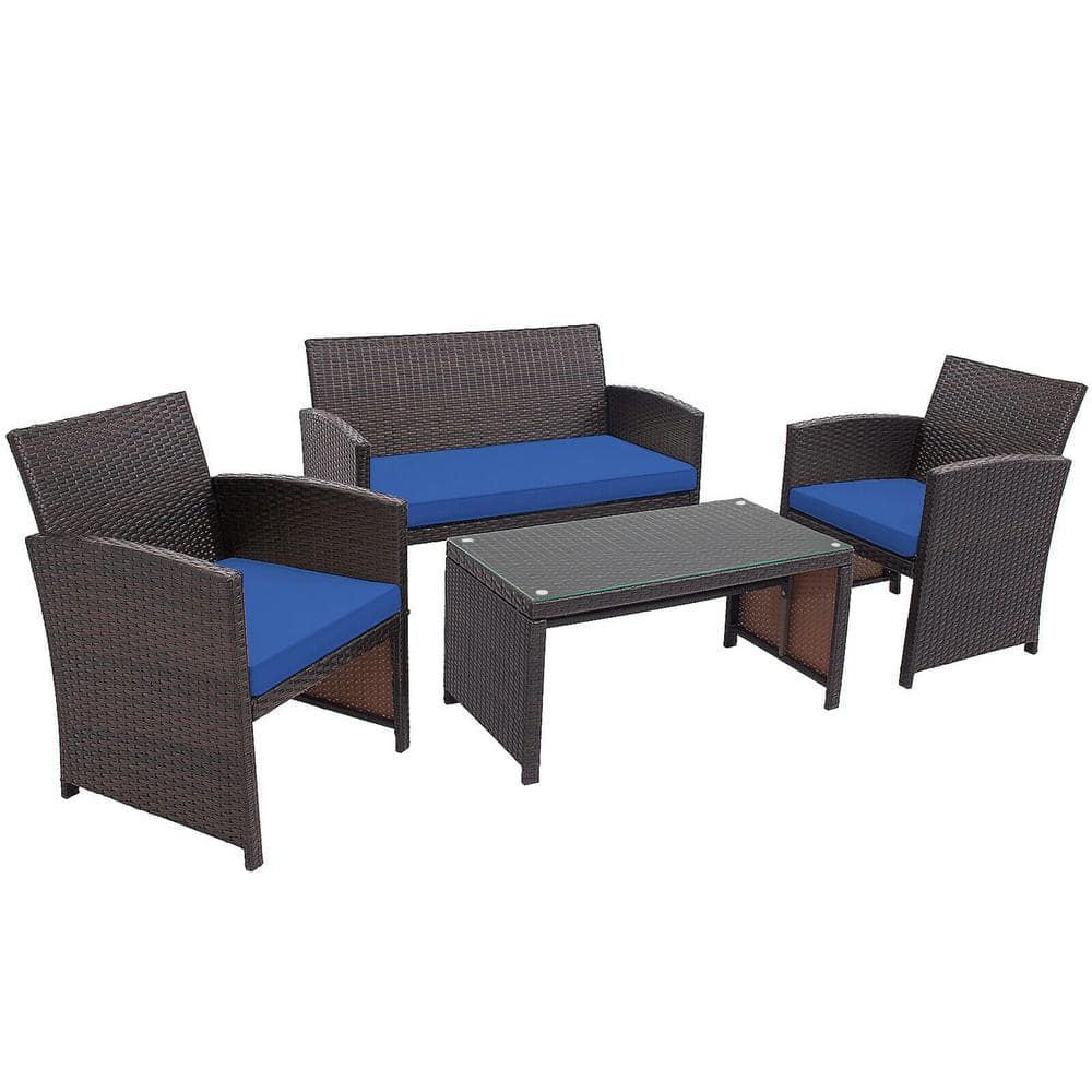4-Piece Rattan Outdoor Patio Conversation Set Furniture Set with Navy Cushions price history on PriceWatchPro