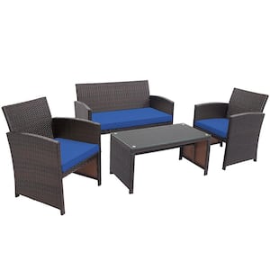 4-Piece Rattan Outdoor Patio Conversation Set Furniture Set with Navy Cushions
