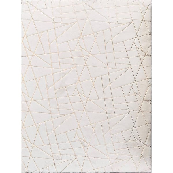 Beige White Geometric Gold-Gilded Polyester Area Rug, 84in. L x 60in. W,Anti-Slip Machine Washable Rug, Modern Interior