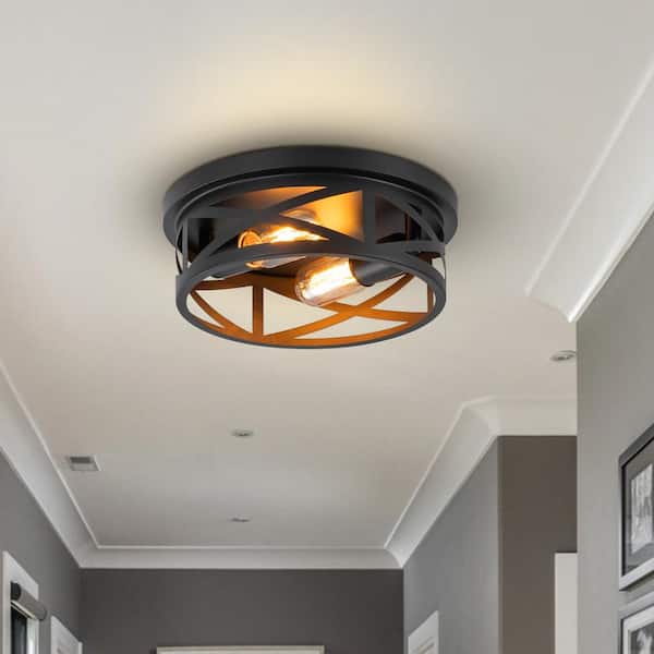 11 in. 2-Light Industrial Black Round Cage Flush Mount Ceiling Light with Turnable Light Cap, No Bulbs Included (2-Pack)