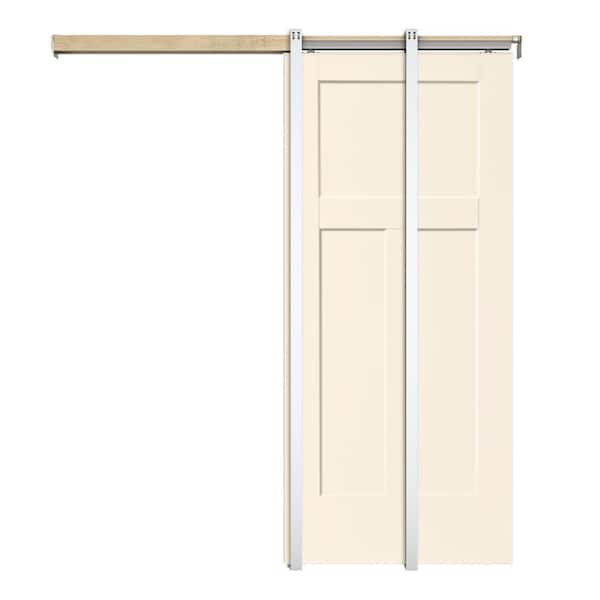 CALHOME Beige 30 in. x 80 in.  Painted Composite MDF 3PANEL Interior Sliding Door with Pocket Door Frame and Hardware Kit