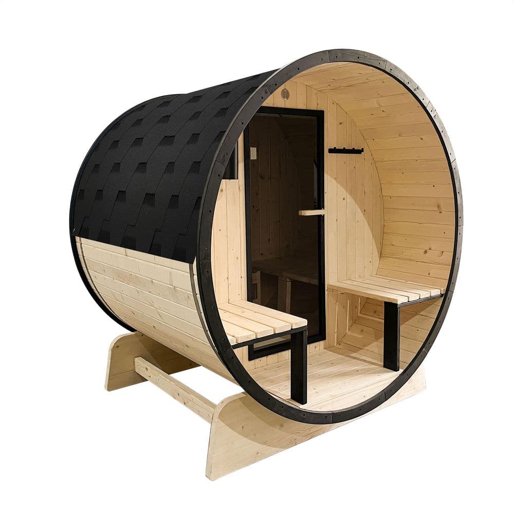 3-Person Yellow Pine Wood Oval Barrel Sauna with Glass Door