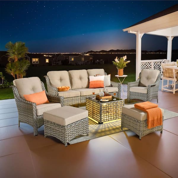 XIZZI Cristiano 6-Piece Wicker Patio Conversation Seating Sofa Set with Beige Cushions and a Lighted Coffee Table