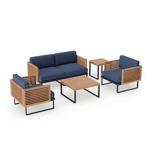 Monterey 4-Seater 5-Piece Aluminum Teak Outdoor Patio Conversation Set With Spectrum Indigo Cushions