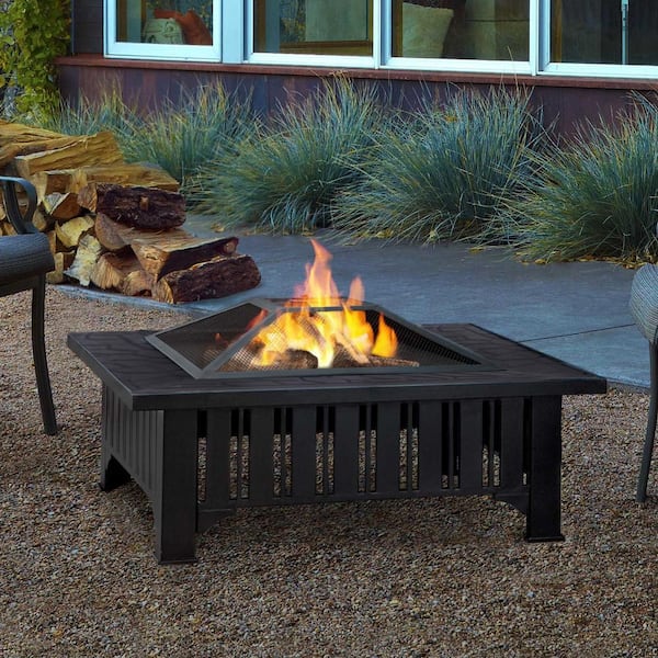 32 in. Square Black Burning Wood Outdoor Metal Firepit with Spark Screen Waterproof Cover Poker