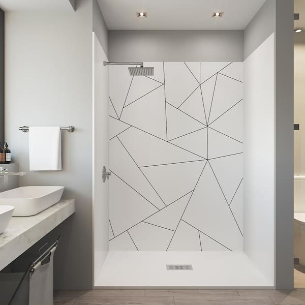 CASTICO Asymmetric 32 in. x 60 in. x 84 in. Solid Composite Stone Alcove Shower Kit with Walls and White Pan Base Center Drain