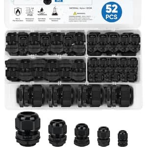 Waterproof Cable Gland Kit Nylon NPT Adjustable Cable Connectors Assortment 1/4, 3/8, 1/2, 3/4, 1 in. 52 Pcs. in Black