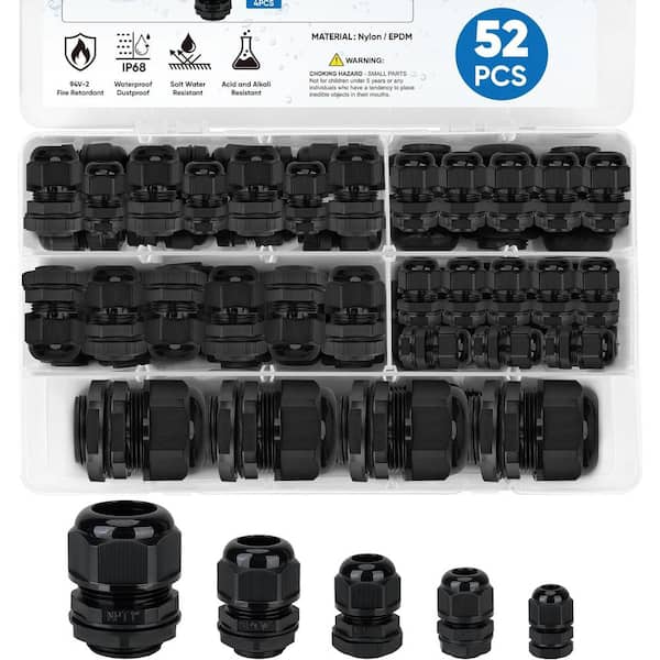 Etokfoks Waterproof Cable Gland Kit Nylon NPT Adjustable Cable Connectors Assortment 1/4, 3/8, 1/2, 3/4, 1 in. 52 Pcs. in Black