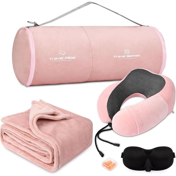 Pink Travel Pillow and Blanket Set with Sleep Mask, Memory Foam Neck Pillow, Travel Essentials for Airplane and Car