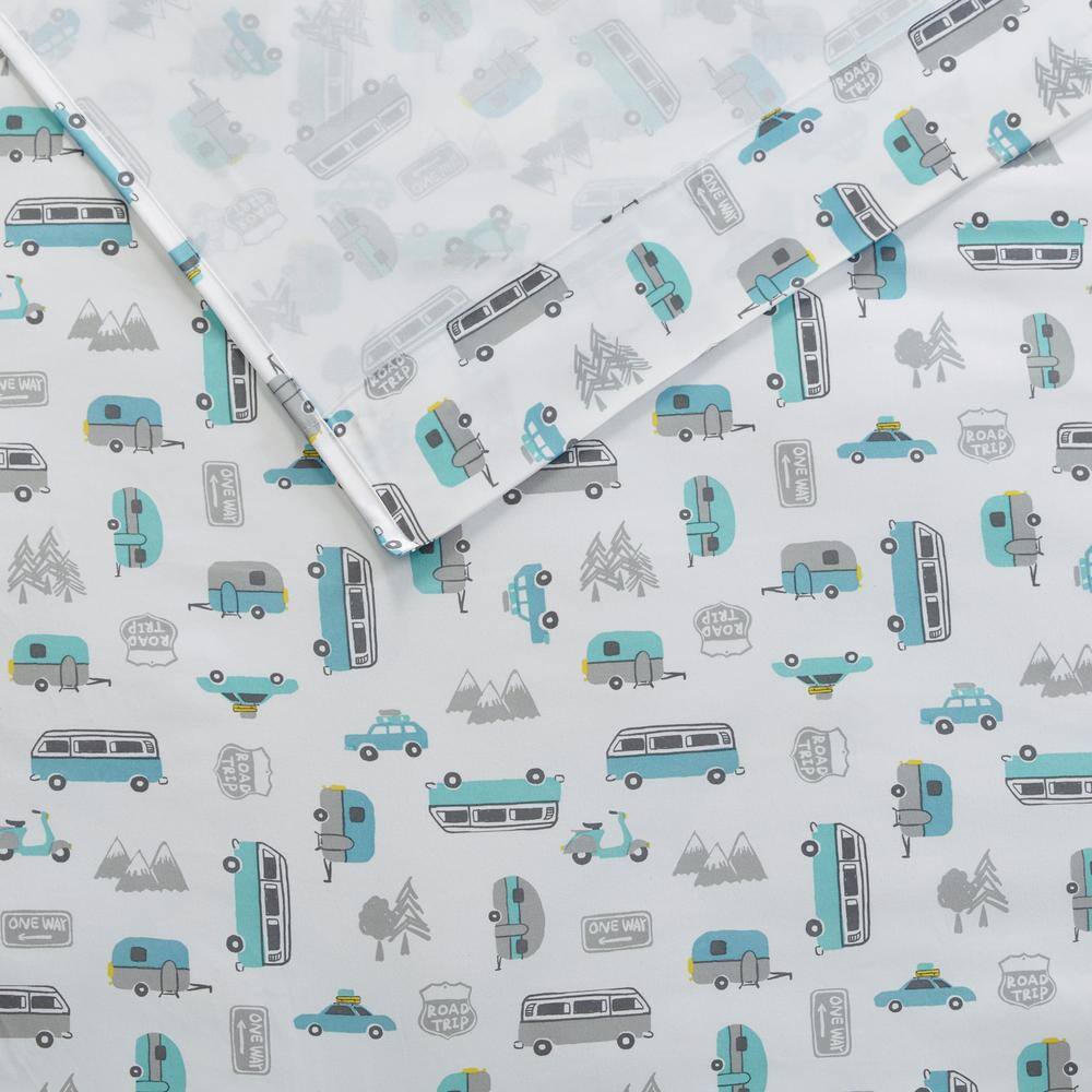 Gray and Blue Road Trip Queen Microfiber Sheet Set