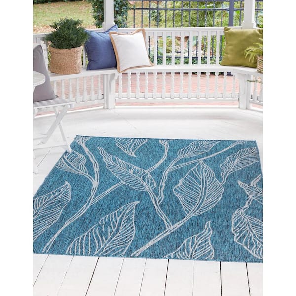 Outdoor Leaf Teal 7 ft. x 10 ft. Area Rug