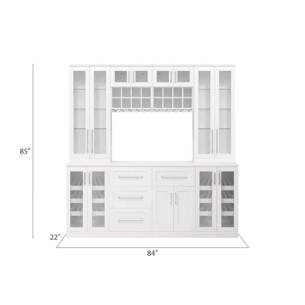 NewAge Products 21 Home Bar Series 12 Piece Set, Wet Bar Cabinets with Sink and Stemware Shelf - White - Granite Top