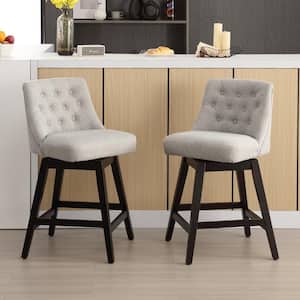 26 in. Grey Fabric Upholstered Solid Wood Legs Bar Height Swivel Bar Stool with Tufted Back (Set of 2)