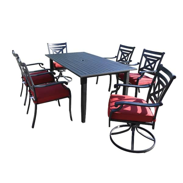 Casainc Black 7 Piece Patio Metal Rectangular Outdoor Dining Set With Red Cushions And Umbrella Hole Orby W419s00002 The Home Depot