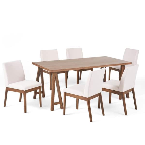 Noble House Kwame 7-Piece Rectangle Wood Top Light Beige and Walnut Standard Height Table Set