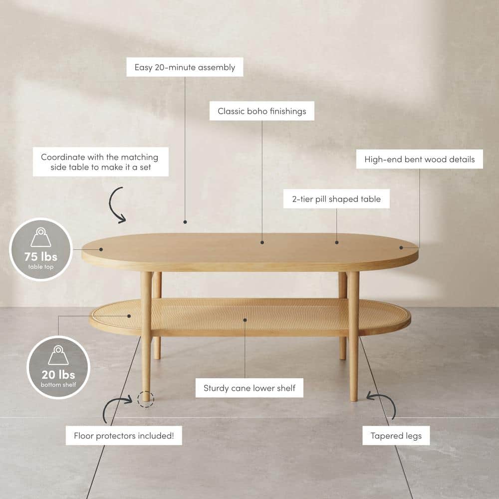 Sonia Bohemian Oval Light Wood Coffee Table with Rattan Storage