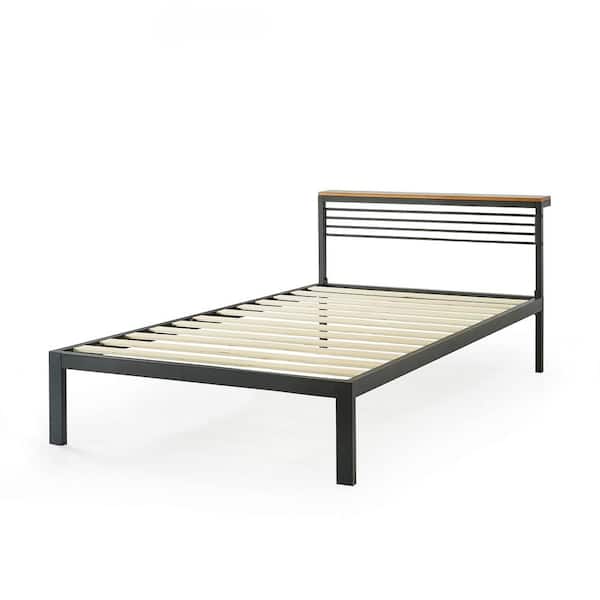 Hylle Twin Metal Shelf Solid Pine Wood Platform Bed with Headboard