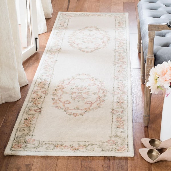 Aubusson 2 ft. x 10 ft. Ivory/Pink Floral Runner Rug