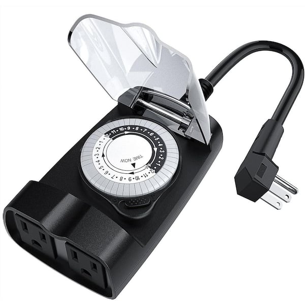 15A 24 Hour Mechanical Outdoor Countdown Timer Outlet with Light and Waterproof and 2 Grounded Outlets with Heavy Duty