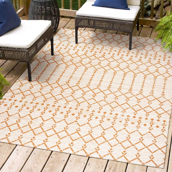 Ourika Moroccan Geometric Textured Weave Cream/Orange 5 ft. x 8 ft. Indoor/Outdoor Area Rug