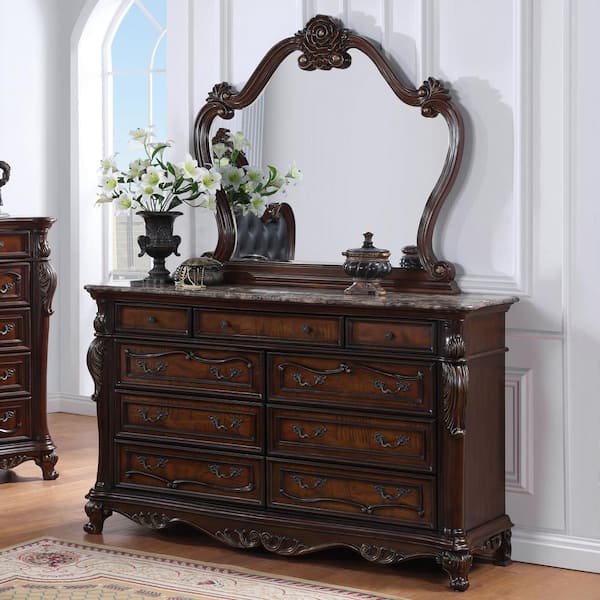 Furniture of America Feliciano Dark Cherry 9-Drawer 70.5 in. Dresser with Mirror with Marble Top and Carved Details