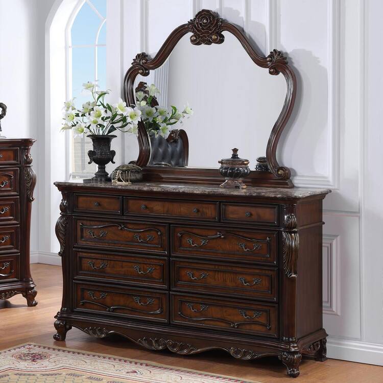 Furniture of America Feliciano Dark Cherry 9-Drawer 70.5 in. Dresser with Mirror with Marble Top and Carved Details