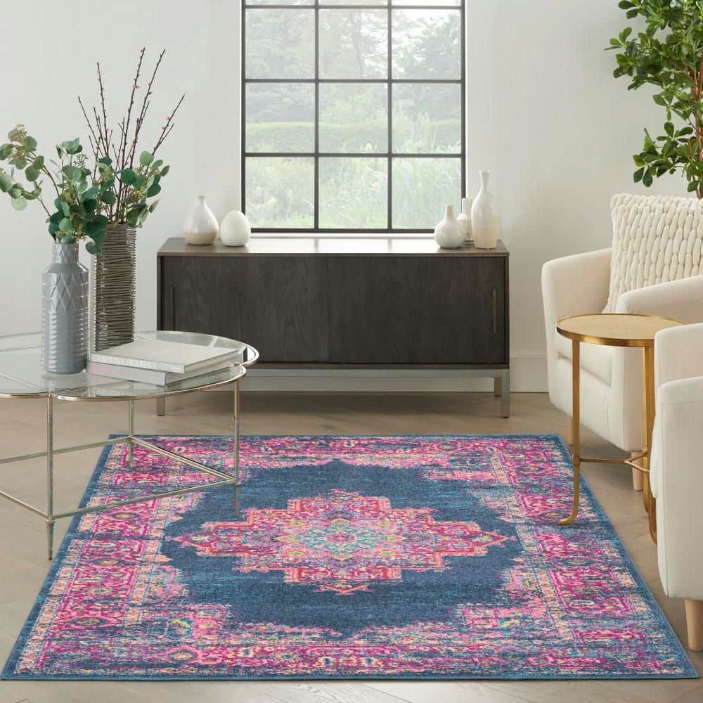 Traditional Floral Blue Synthetic 5' x 7' Easy-Care Area Rug
