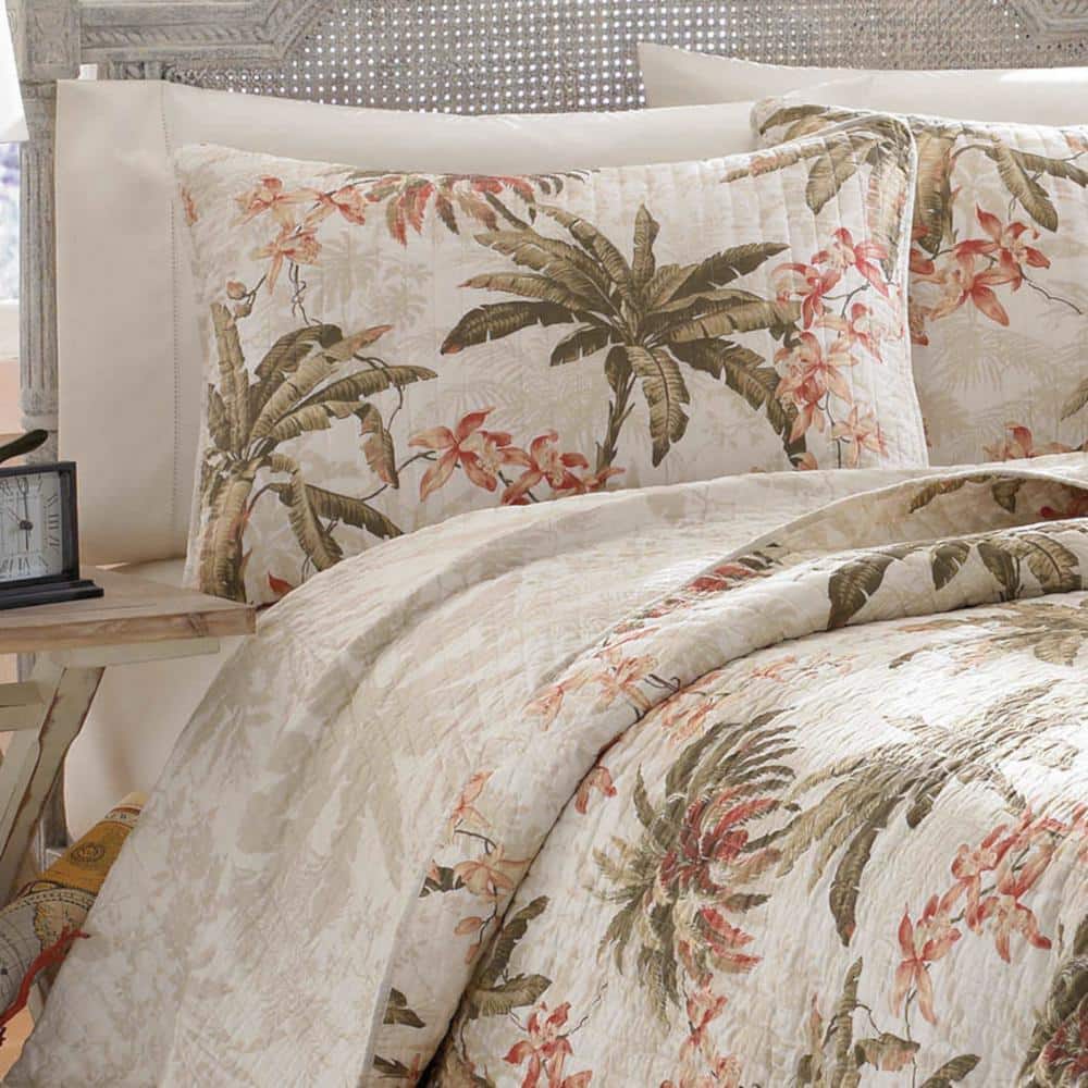 Tropical White Full/Queen Reversible Cotton Quilt Set with Palm Design