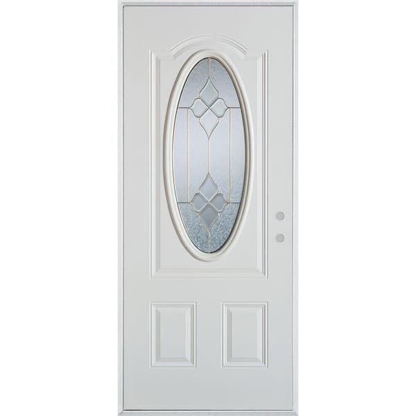 Stanley Doors 36 in. x 80 in. Geometric Brass 3/4 Oval Lite 2-Panel Painted White Left-Hand Inswing Steel Prehung Front Door