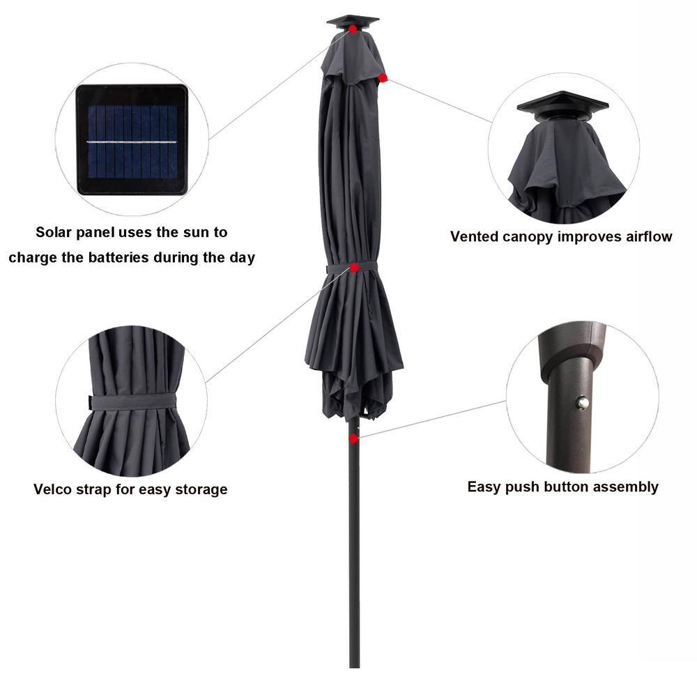 7.5 ft Anthracite Steel Market Patio Umbrella with LED Lights