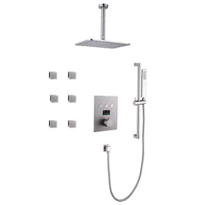 Luxury LED Thermostatic Single Handle 3-Spray Ceiling Mount Shower Faucet 4 GPM with Body Spray in. Brushed Nickel