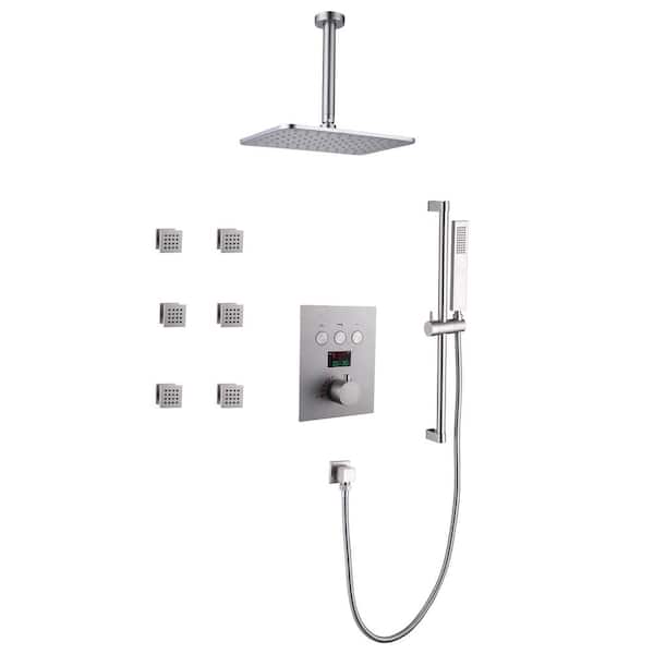 Tomfaucet Luxury LED Thermostatic Single Handle 3-Spray Ceiling Mount Shower Faucet 4 GPM with Body Spray in. Brushed Nickel