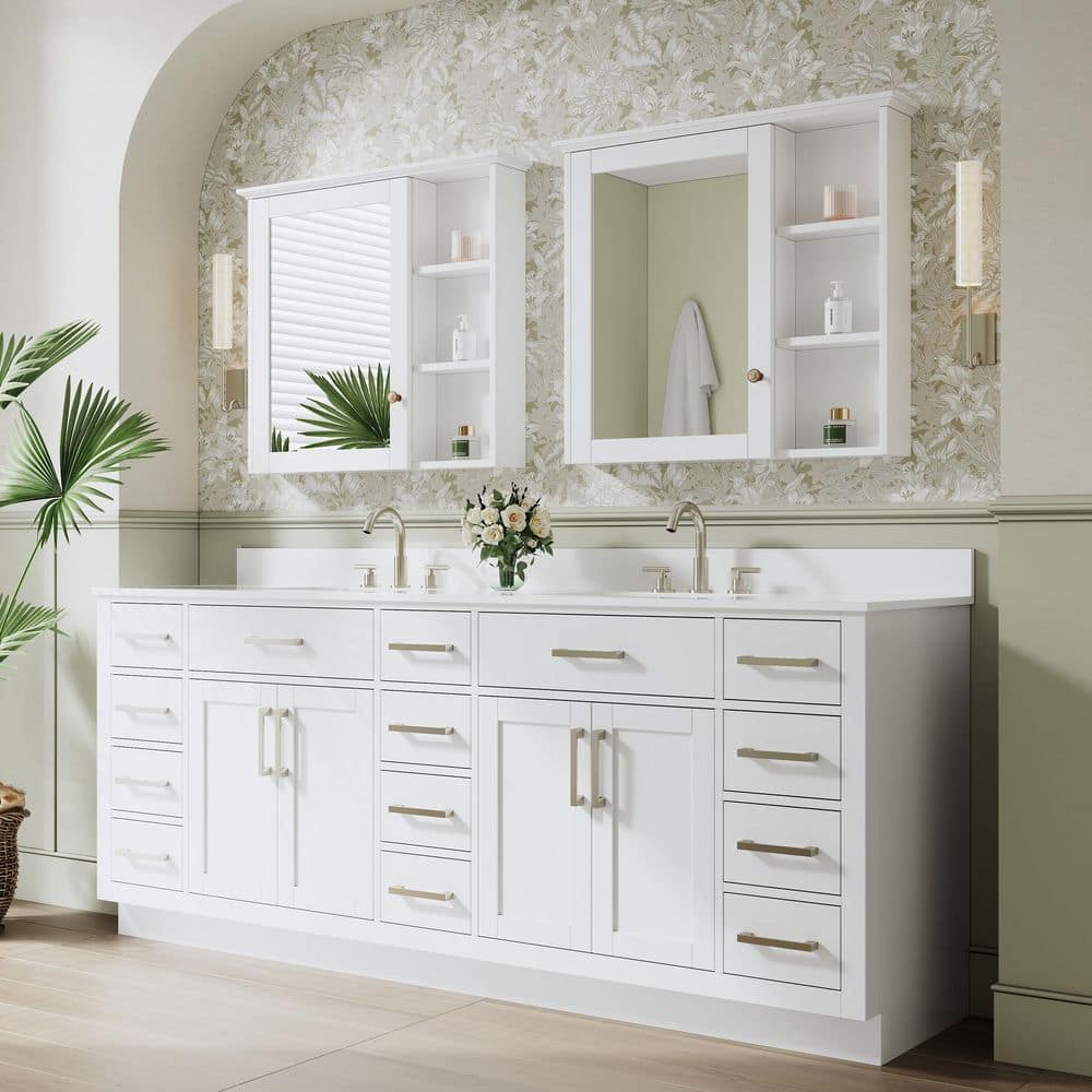 NORA 84 in. Freestanding White Solid Wood Bath Vanity with Pure White Cultured Marble Top, Soft-Close, Assembled price history on PriceWatchPro