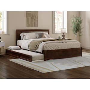 Lylah Walnut Brown Solid Wood Frame Queen Platform Bed with Panel Footboard and Twin XL Trundle