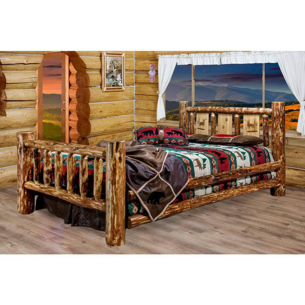 Twin Pine Wood Frame Bed with Rustic Elk Headboard Engraving