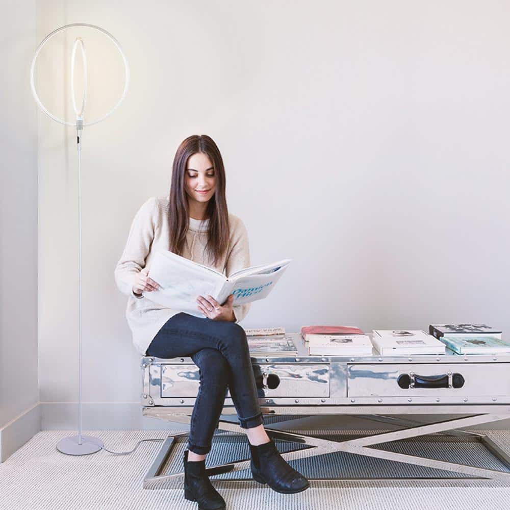 White Adjustable LED Touch Floor Lamp with Dual Rings