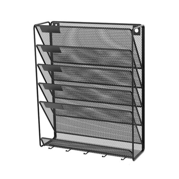 NA Mesh Wall Magazine Rack - 3 Pocket Metal File Organizer With Tag Slots & Key Hook