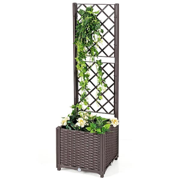 Gymax 16 in. x 16 in. x 53 in. Plastic Raised Garden Bed w/Trellis Planter Box for Climbing Plants