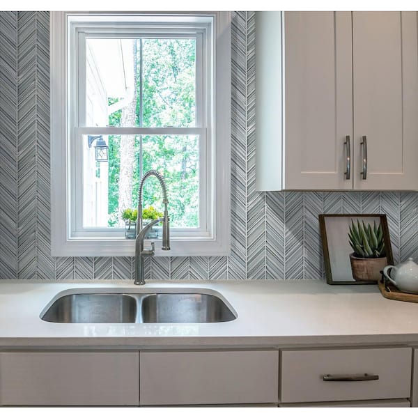 Apollo Tile (Sample) Glacier Blue and Gray 4-in x 4-in Polished Glass Chevron Mosaic Floor and Wall Tile